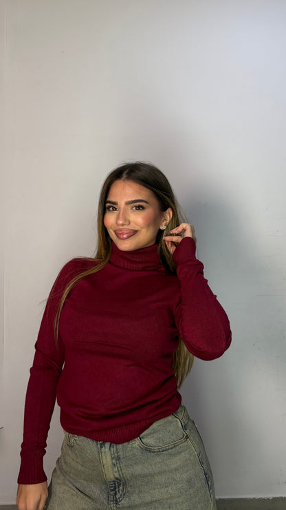 Pull Pring Collo Alto in Lana Rasata Bordeaux